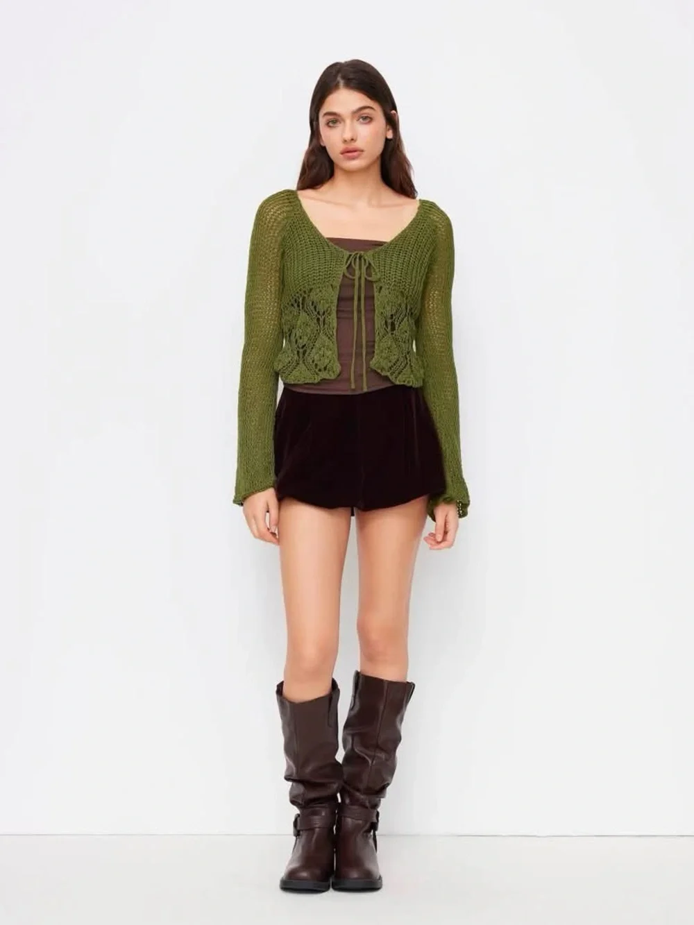 Cider KNIT V-NECK BELL SLEEVE HOLLOW OUT KNOTTED SEE-THROUGH CARDIGAN large nwt